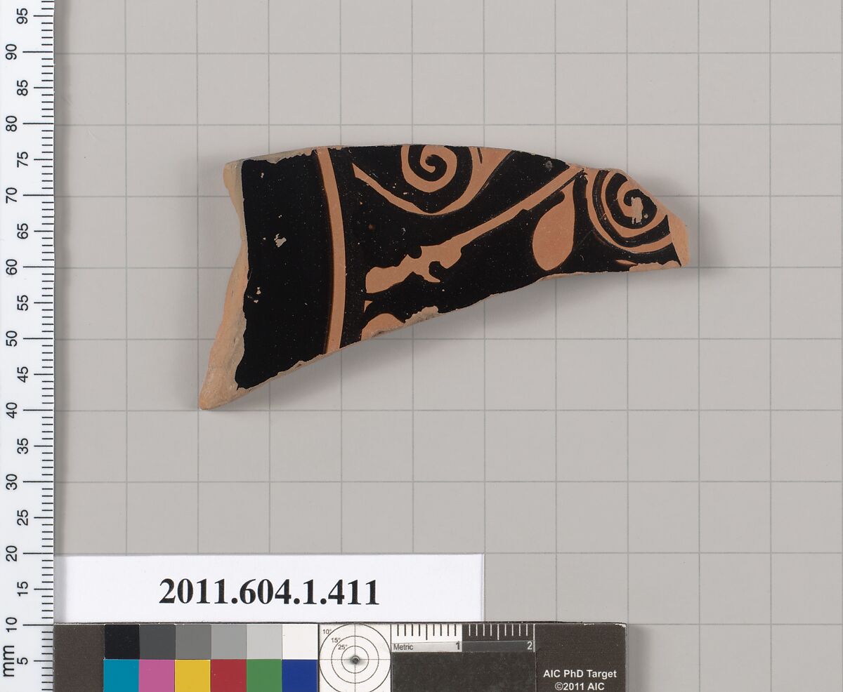 Terracotta fragment of a kylix (drinking cup), Terracotta, Greek, Attic