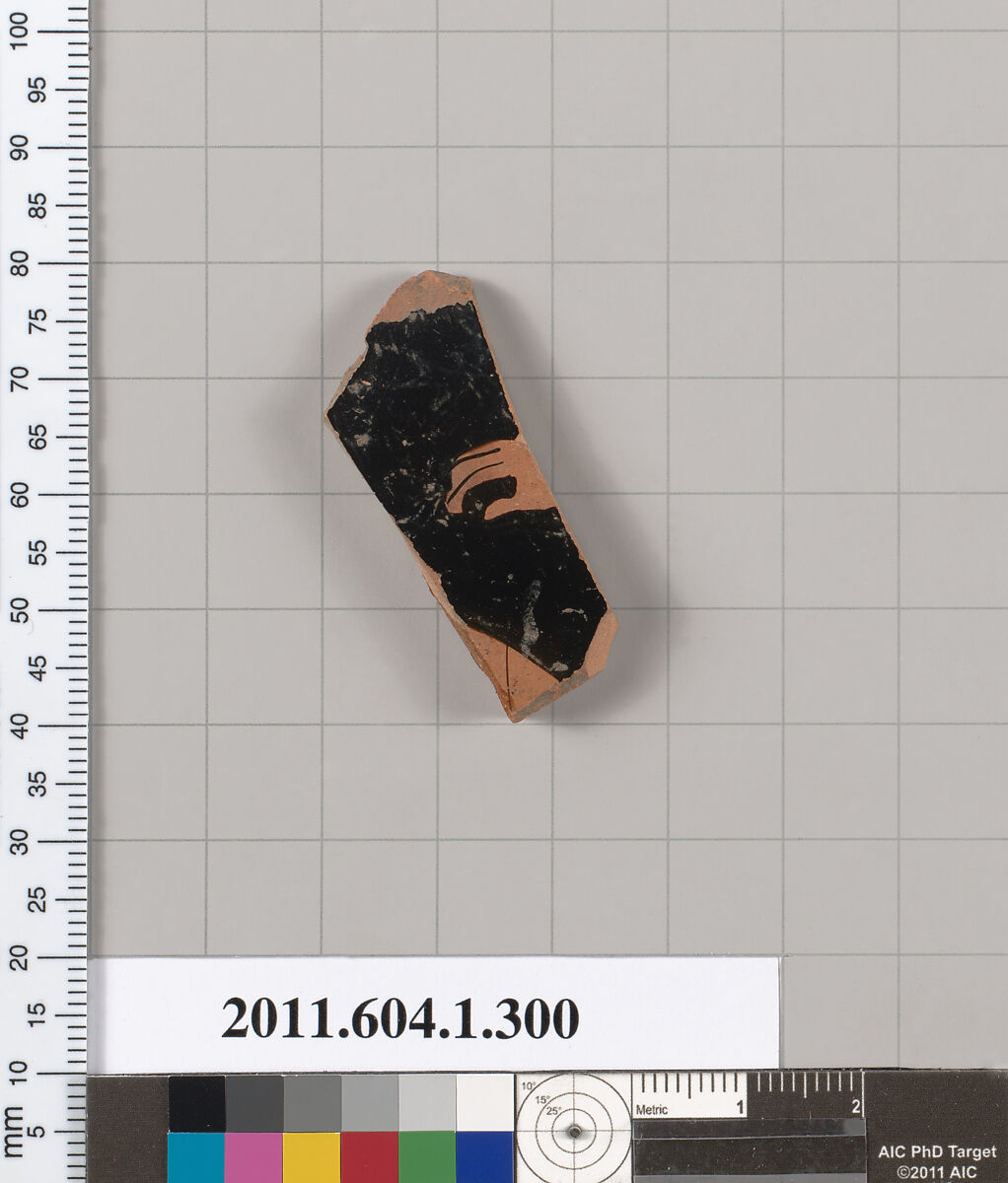 Terracotta fragment of a kylix (drinking cup), Terracotta, Greek, Attic 