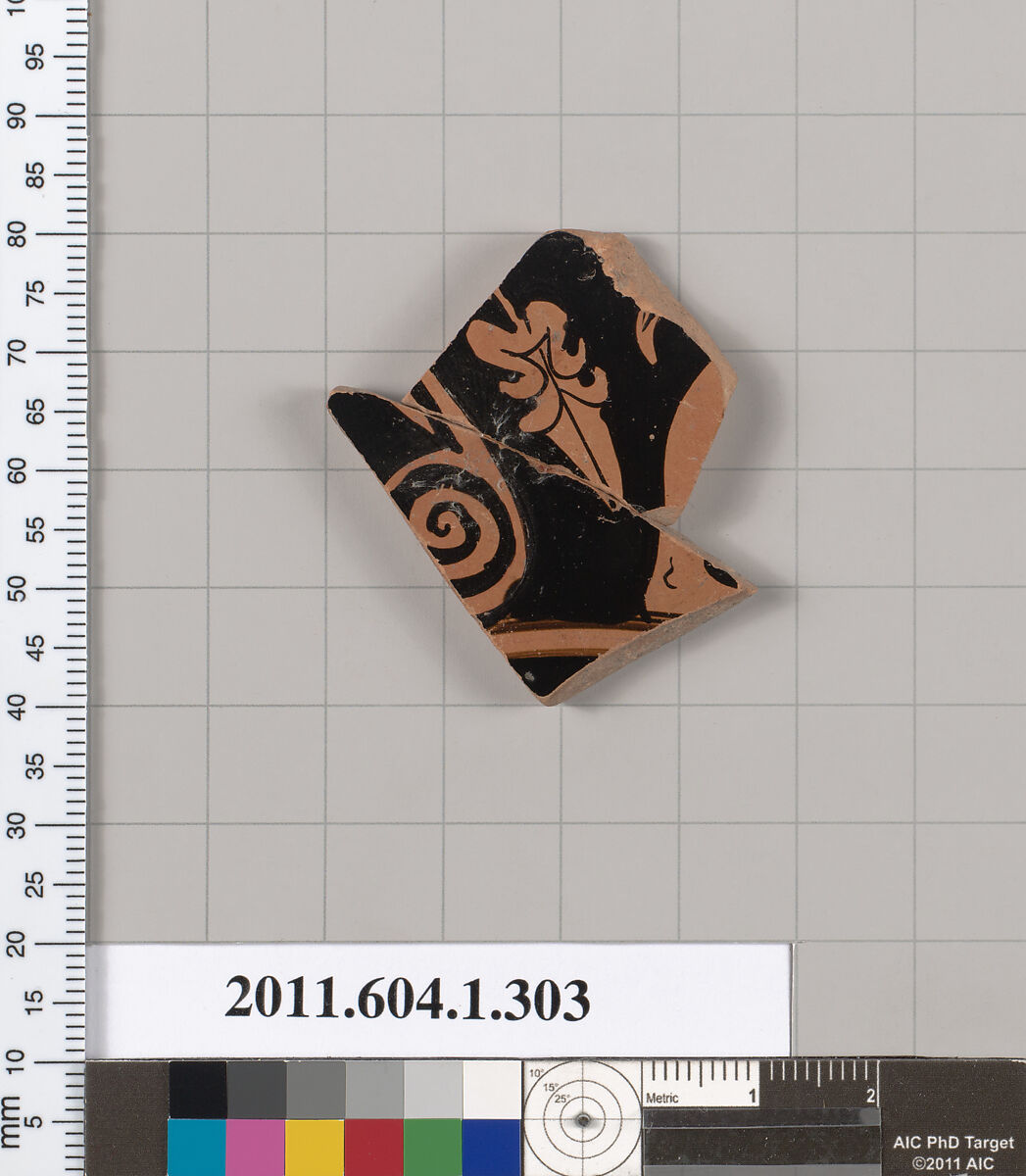 Terracotta fragment of a kylix (drinking cup), Terracotta, Greek, Attic