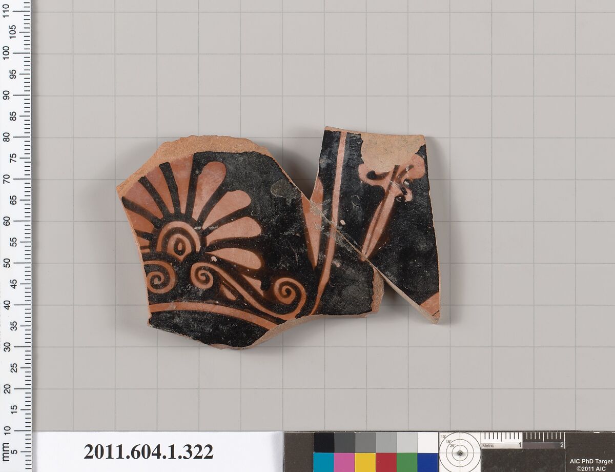 Terracotta fragment of a kylix (drinking cup), Terracotta, Greek, Attic