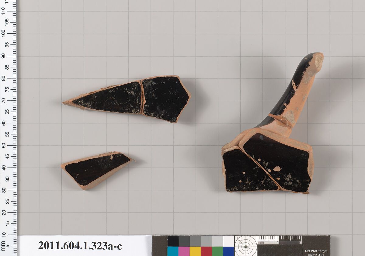 Terracotta fragments of a kylix (drinking cup), Terracotta, Greek, Attic