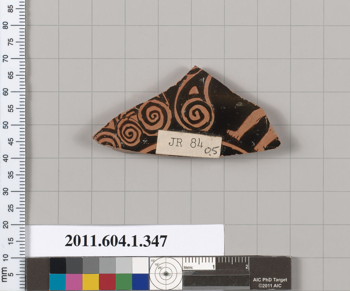 Terracotta fragment of a kylix (drinking cup), Terracotta, Greek, Attic