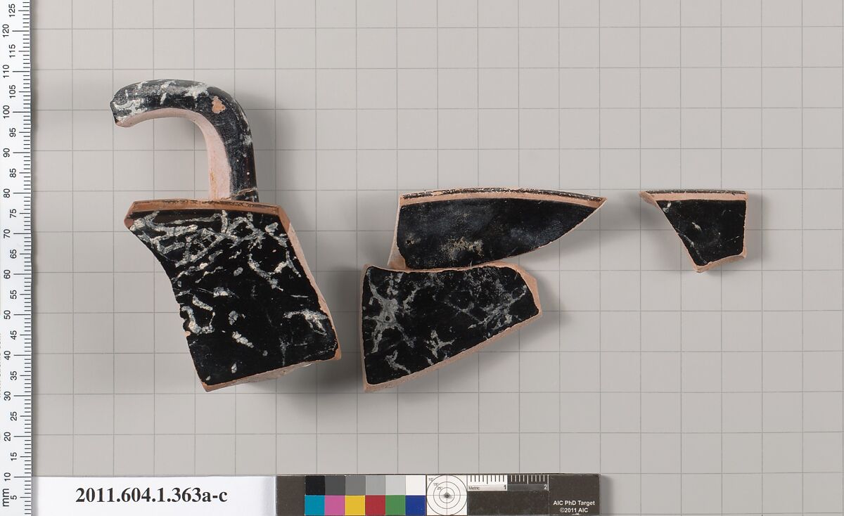 Terracotta fragments of a kylix (drinking cup), Terracotta, Greek, Attic