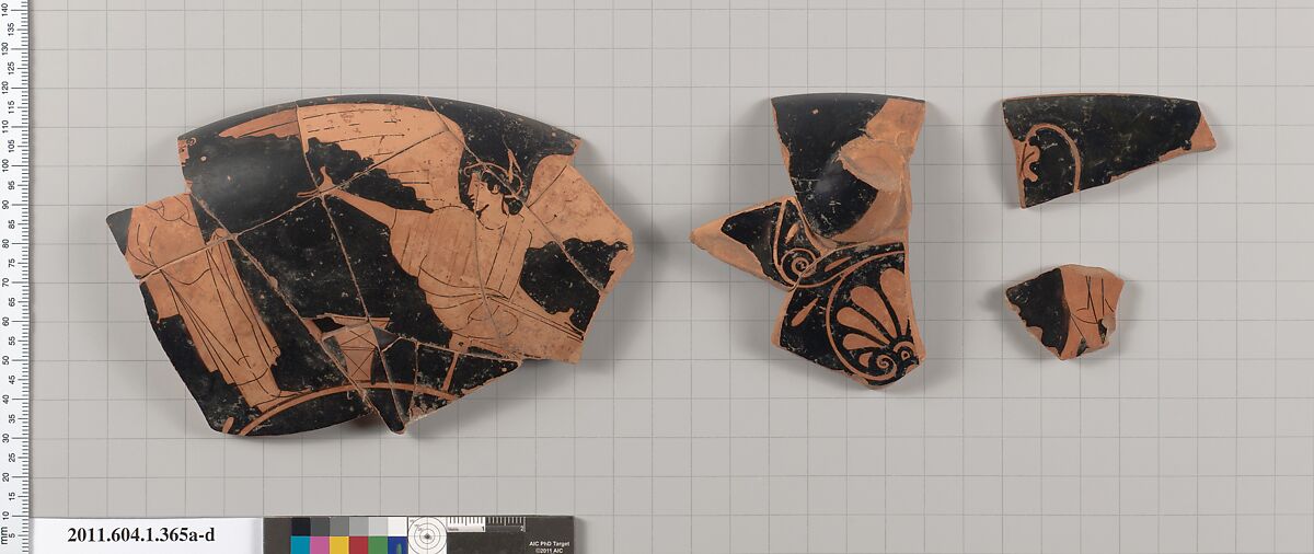 Terracotta fragments of a kylix (drinking cup), Terracotta, Greek, Attic