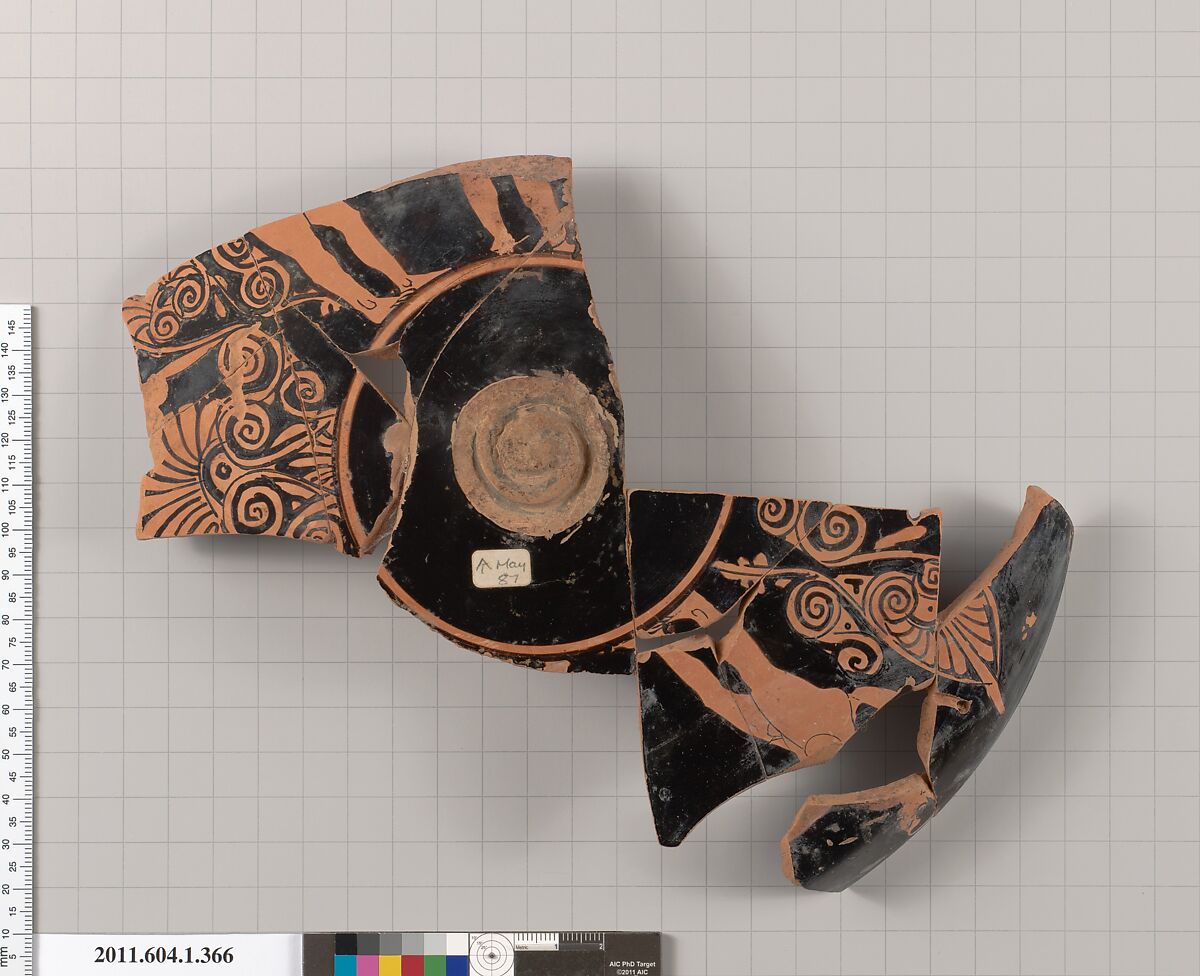 Terracotta fragment of a kylix (drinking cup), Terracotta, Greek, Attic