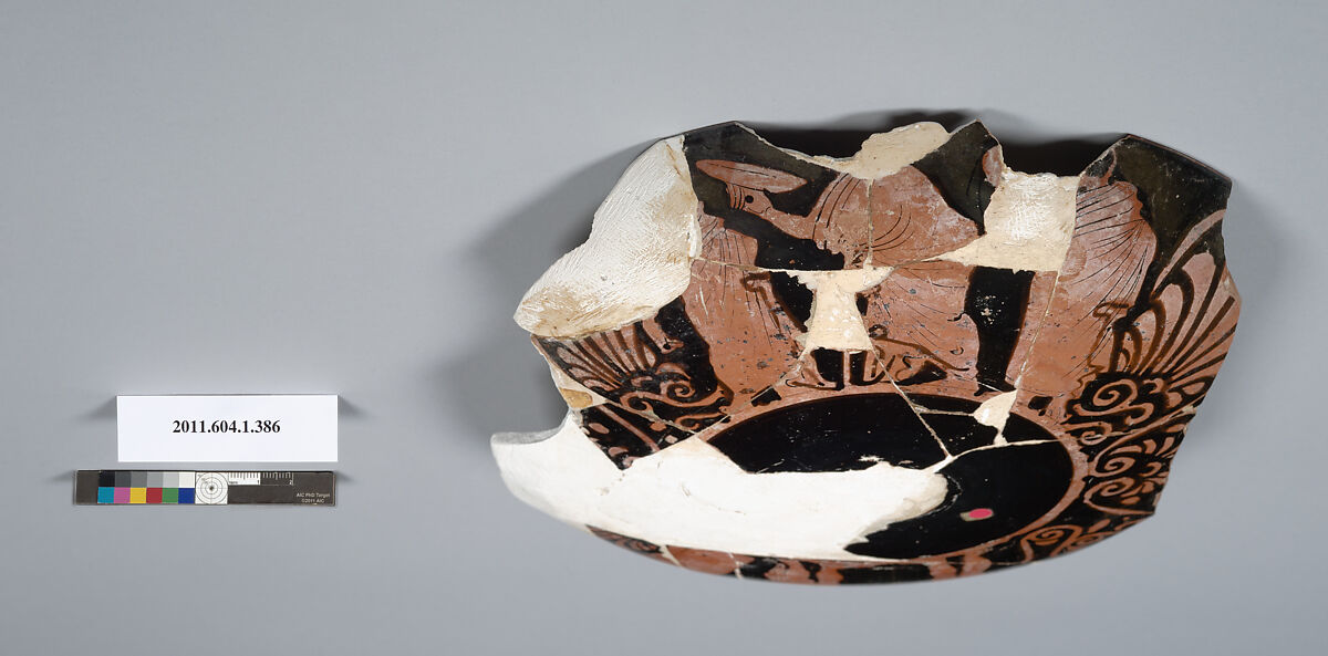Terracotta fragment of a kylix (drinking cup), Terracotta, Greek, Attic