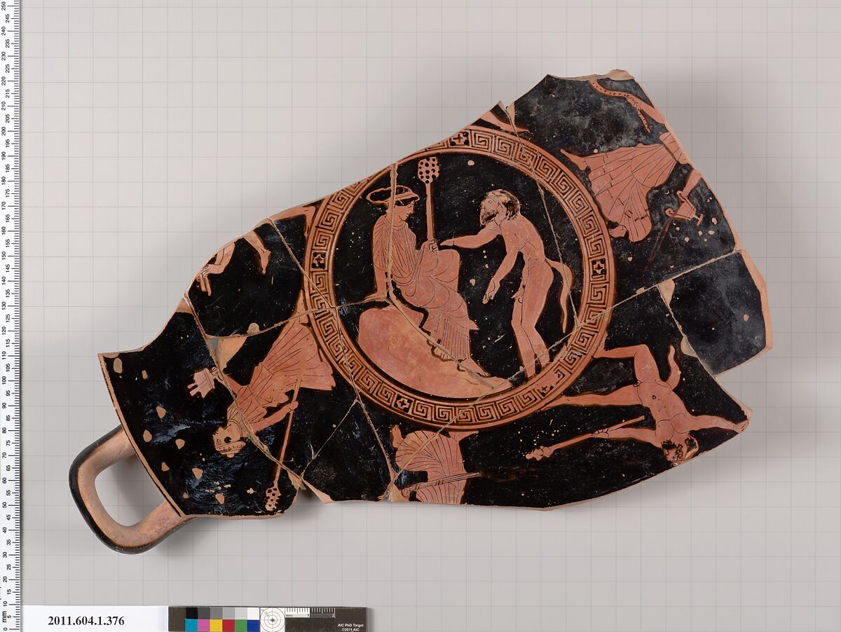 Terracotta fragments of a kylix (drinking cup), Attributed to the Orchard Painter [DvB], Terracotta, Greek, Attic 