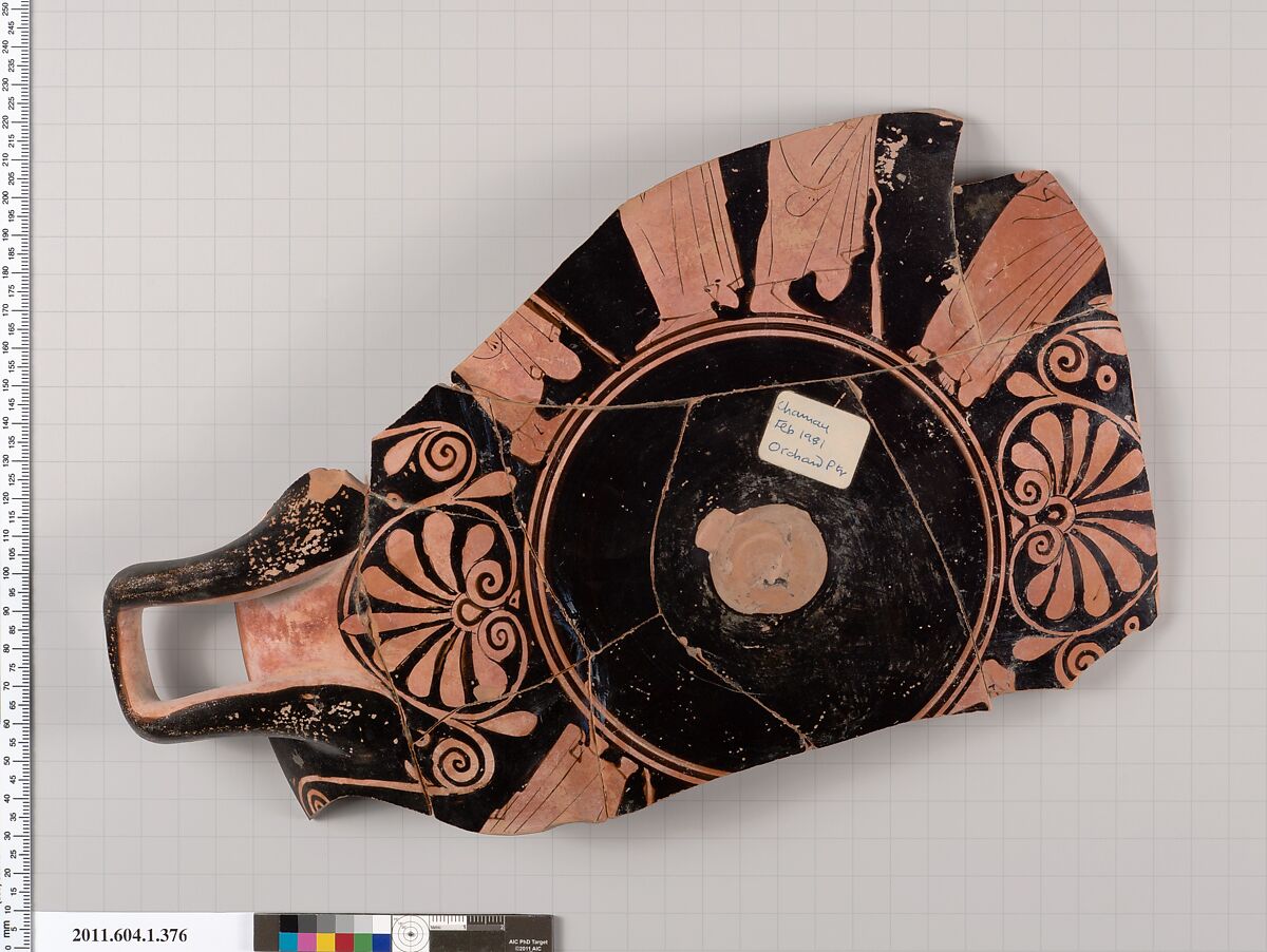 Terracotta fragments of a kylix (drinking cup), Attributed to the Orchard Painter [DvB], Terracotta, Greek, Attic