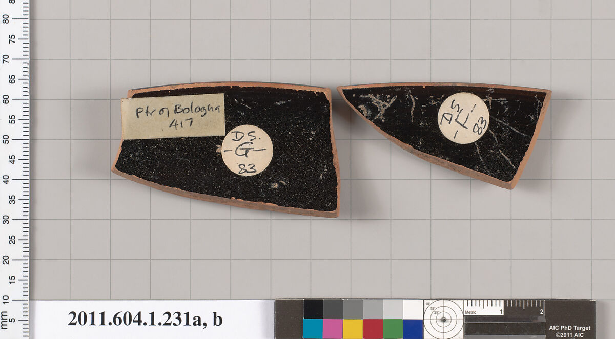 Terracotta rim fragments of a kylix (drinking cup), Attributed to the Painter of Bologna 417 [DvB], Terracotta, Greek, Attic