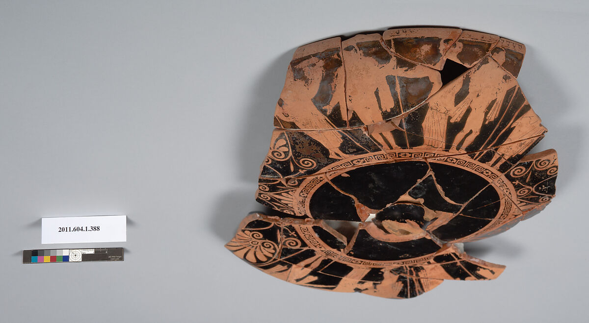 Terracotta fragments of a kylix (drinking cup), Attributed to the Euaion Painter [DvB], Terracotta, Greek, Attic