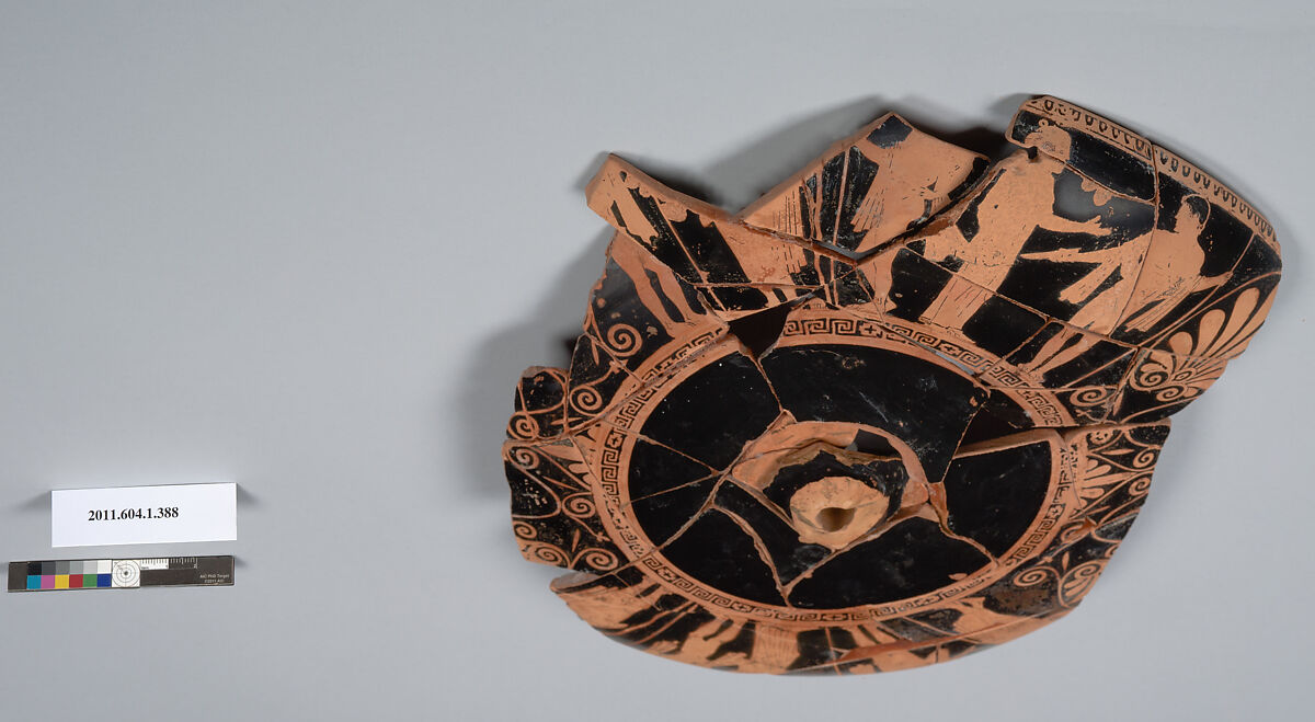 Terracotta fragments of a kylix (drinking cup), Attributed to the Euaion Painter [DvB], Terracotta, Greek, Attic