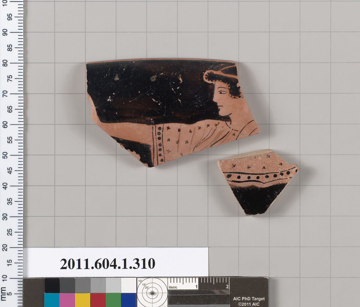 Terracotta fragments of a kylix (drinking cup), Attributed to the Pistoxenos Painter [DvB], Terracotta, Greek, Attic