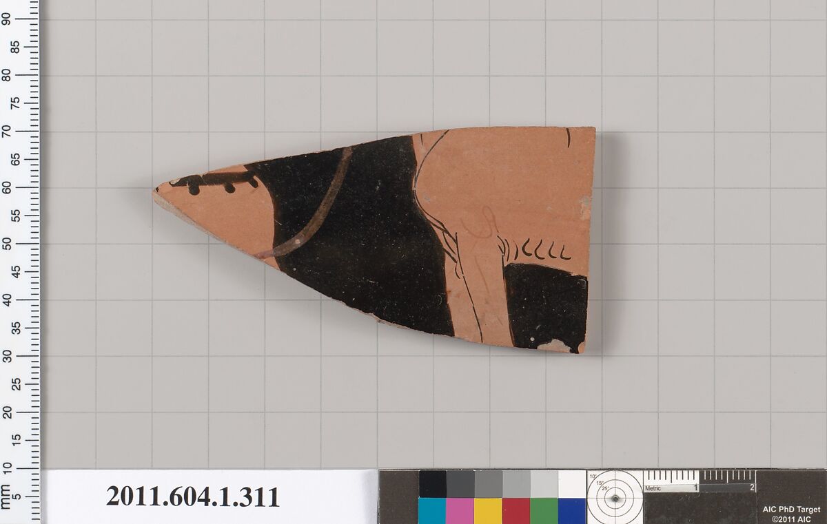 Terracotta fragment of a kylix (drinking cup), Attributed to the Pistoxenos Painter [DvB], Terracotta, Greek, Attic