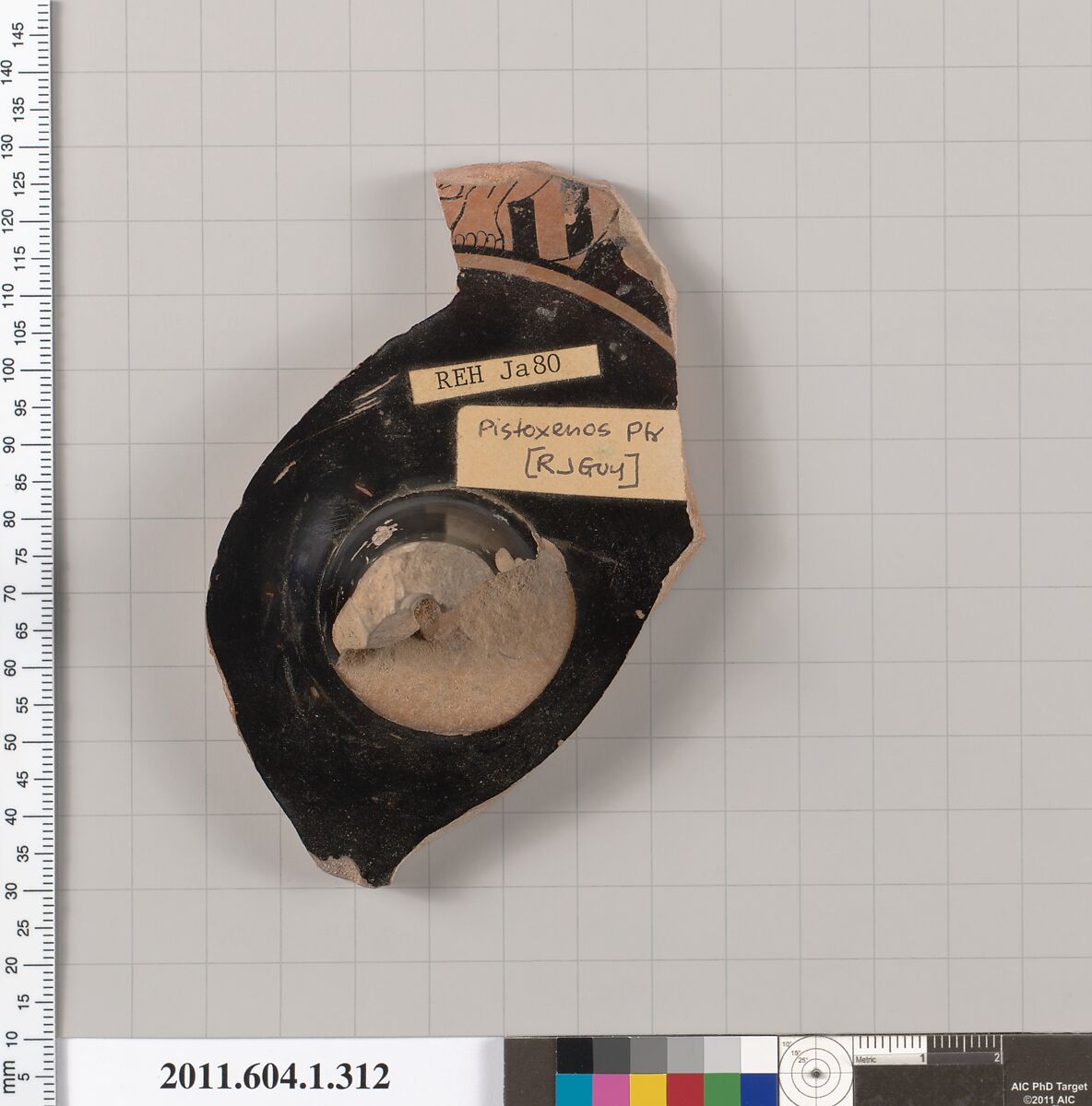 Terracotta fragment of a kylix (drinking cup), Attributed to the Pistoxenos Painter [Robert Guy], Terracotta, Greek, Attic