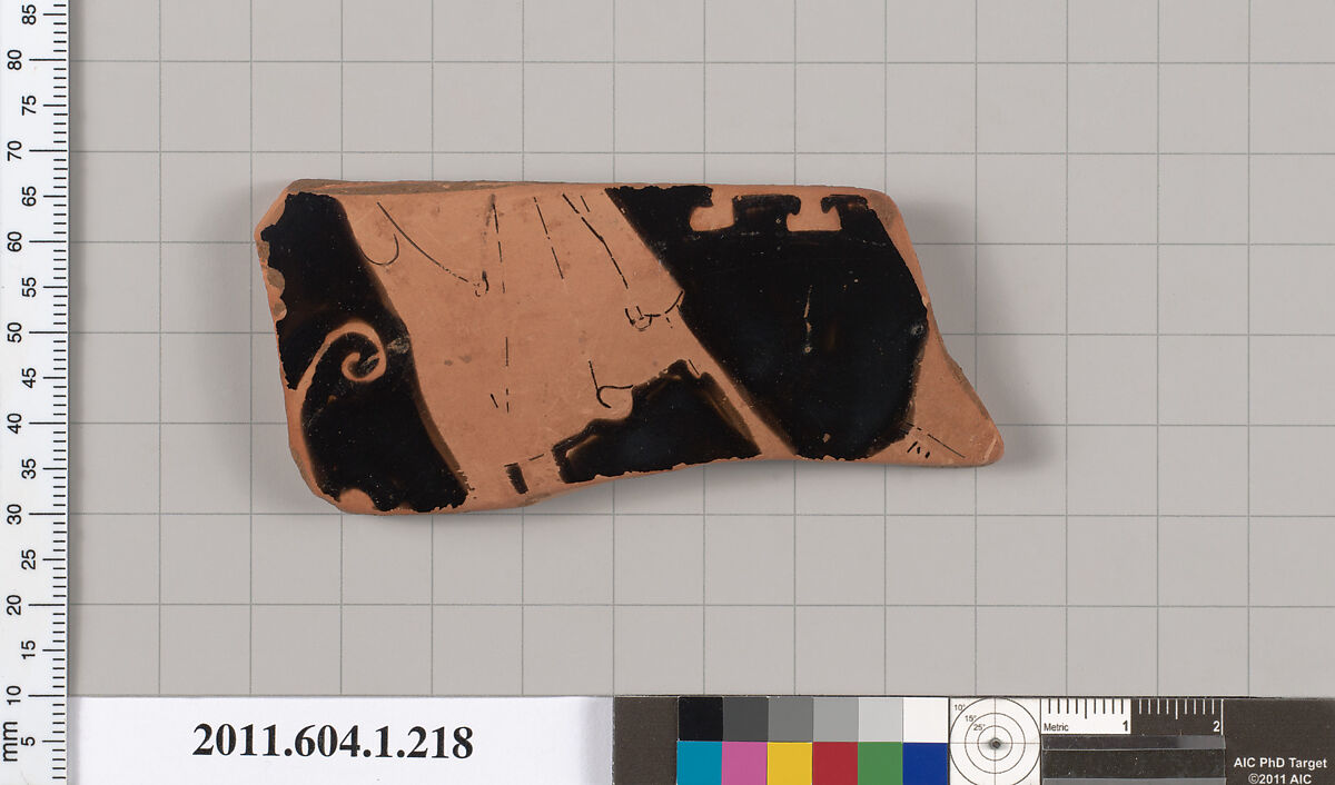 Terracotta fragment of a kylix (drinking cup), Attributed to the Painter of Brussels R 330 [DvB], Terracotta, Greek, Attic