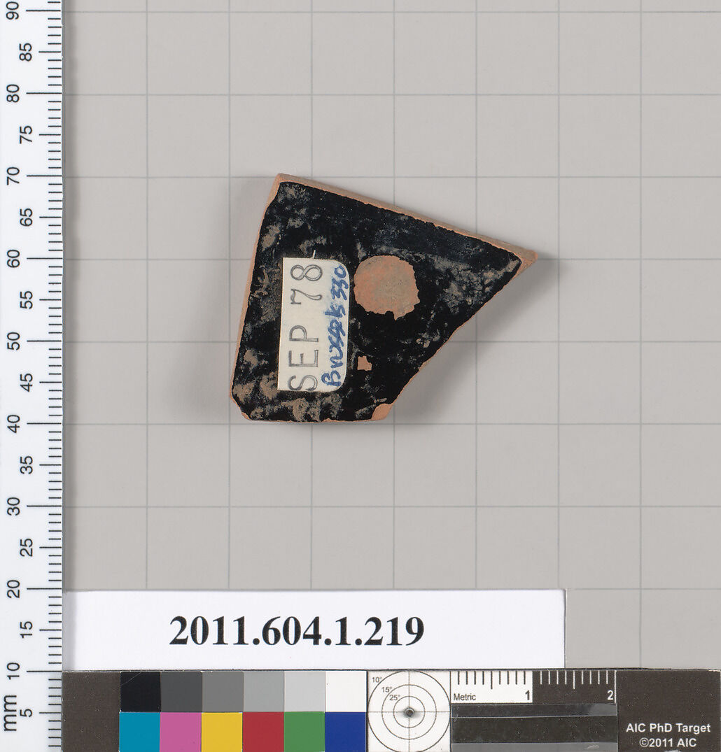 Terracotta fragment of a kylix (drinking cup), Attributed to the Painter of Brussels R 330 [DvB], Terracotta, Greek, Attic