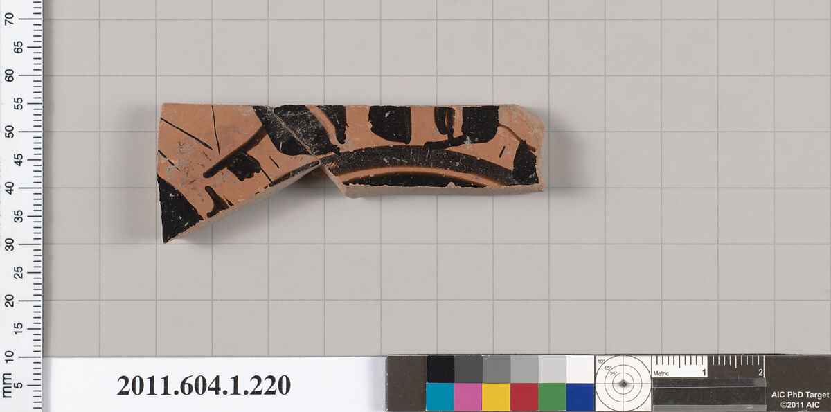 Terracotta fragment of a kylix (drinking cup), Attributed to the Painter of Brussels R 330 [DvB], Terracotta, Greek, Attic