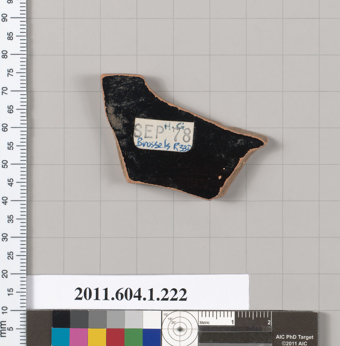 Terracotta fragment of a kylix (drinking cup), Attributed to the Painter of Brussels R 330 [DvB], Terracotta, Greek, Attic