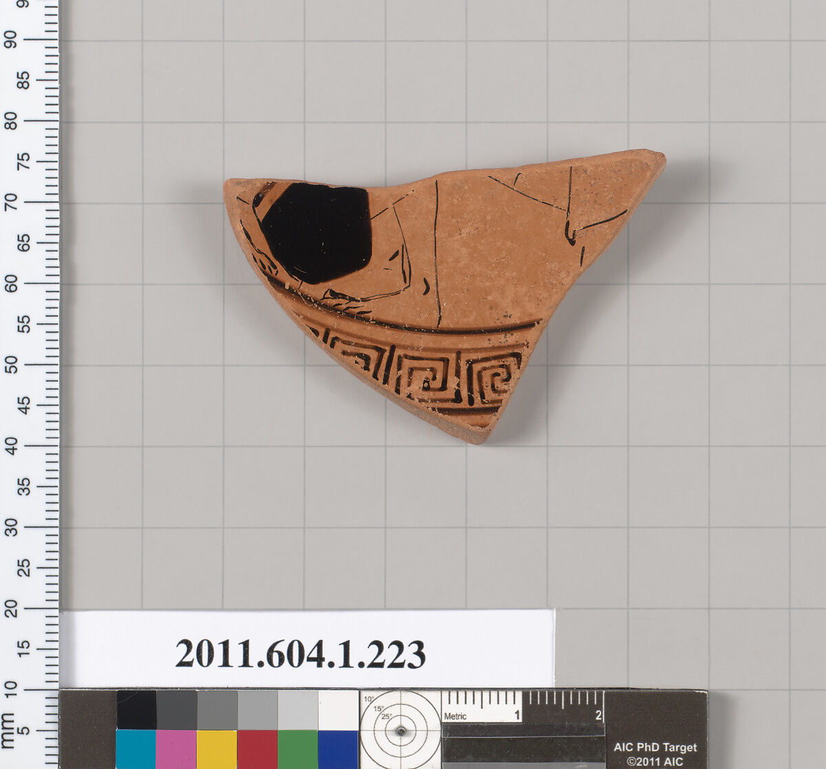 Terracotta fragment of a kylix (drinking cup), Attributed to the Painter of Brussels R 330 [DvB], Terracotta, Greek, Attic 