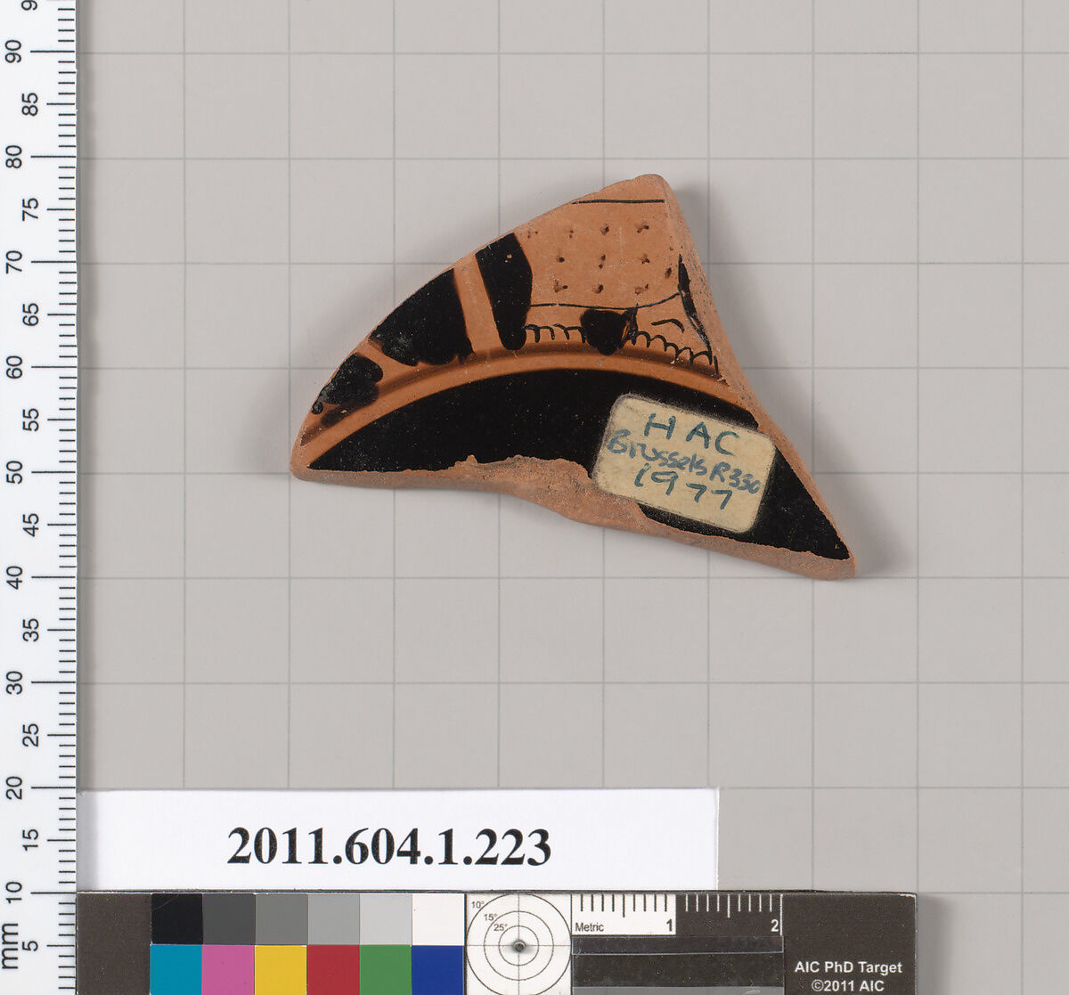 Terracotta fragment of a kylix (drinking cup), Attributed to the Painter of Brussels R 330 [DvB], Terracotta, Greek, Attic