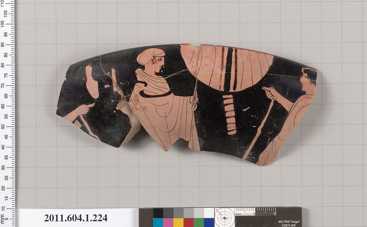 Terracotta rim fragment of a kylix (drinking cup), Attributed to the Painter of Brussels R 330 [DvB], Terracotta, Greek, Attic 