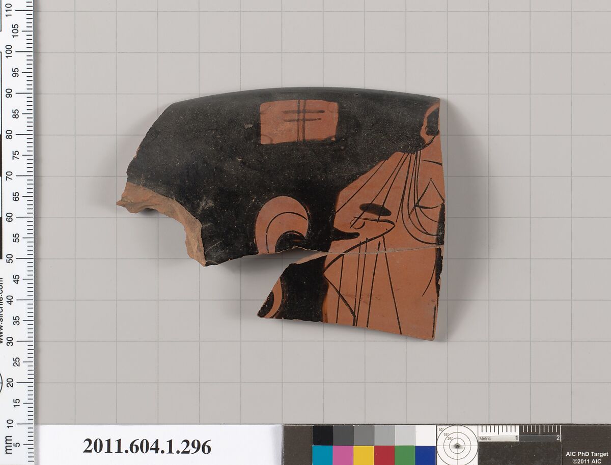 Terracotta rim fragment of a kylix (drinking cup), Attributed to the Painter Z [DvB], Terracotta, Greek, Attic 