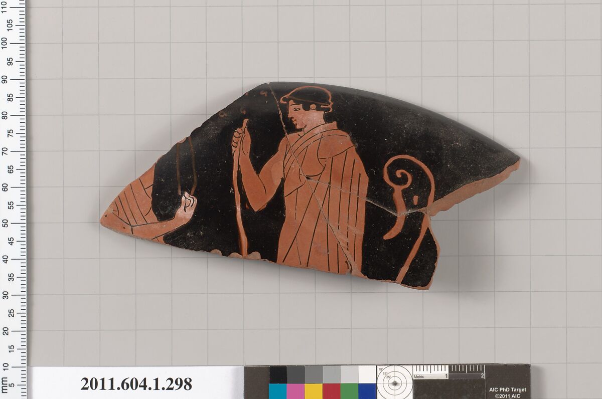 Terracotta fragment of a kylix (drinking cup), Attributed to the Painter Z [DvB], Terracotta, Greek, Attic 