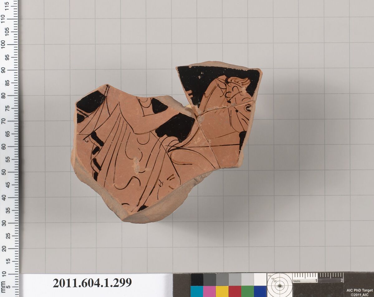 Terracotta fragment of a kylix (drinking cup), Attributed to the Painter Z [DvB], Terracotta, Greek, Attic 