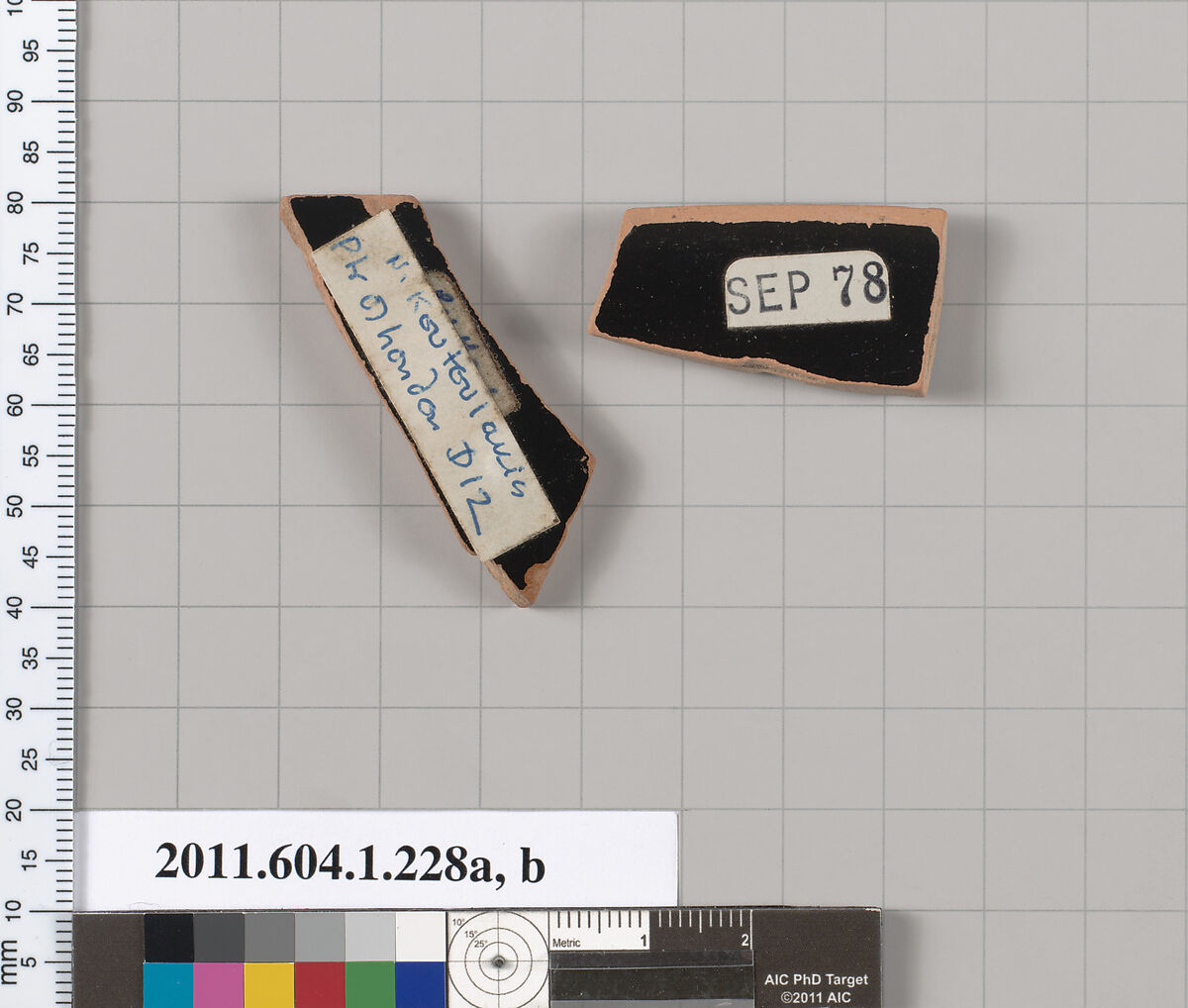 Terracotta fragments of a kylix (drinking cup), Attributed to the Painter of London D 12 [DvB], Terracotta, Greek, Attic