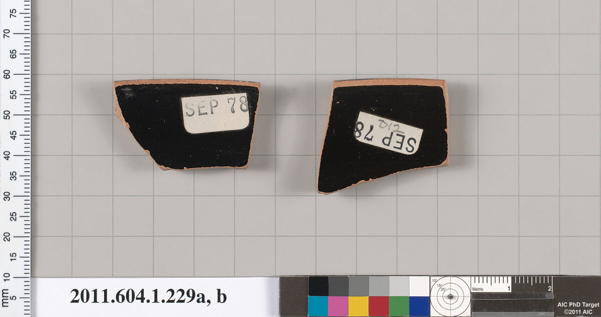 Terracotta rim fragments of a kylix (drinking cup), Attributed to the Painter of London D 12 [DvB], Terracotta, Greek, Attic