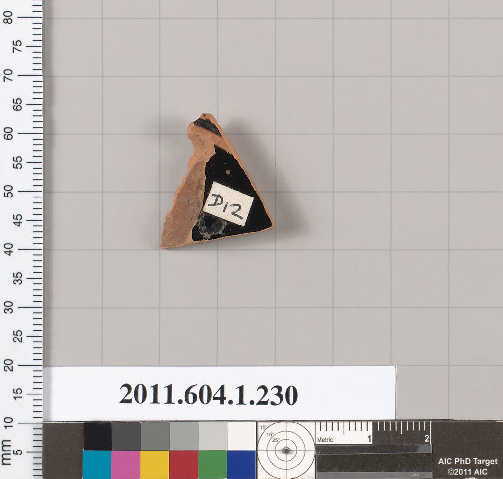 Terracotta fragment of a kylix (drinking cup), Attributed to the Painter of London D 12 [DvB], Terracotta, Greek, Attic