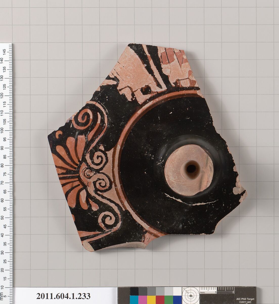 Terracotta fragment of a kylix (drinking cup), Attributed to the Angular Painter [DvB], Terracotta, Greek, Attic