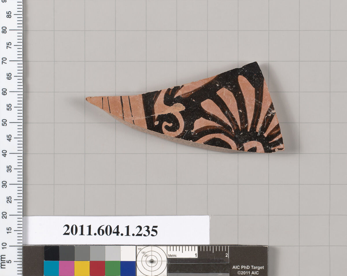 Terracotta fragment of a kylix (drinking cup), Attributed to the Angular Painter [DvB], Terracotta, Greek, Attic