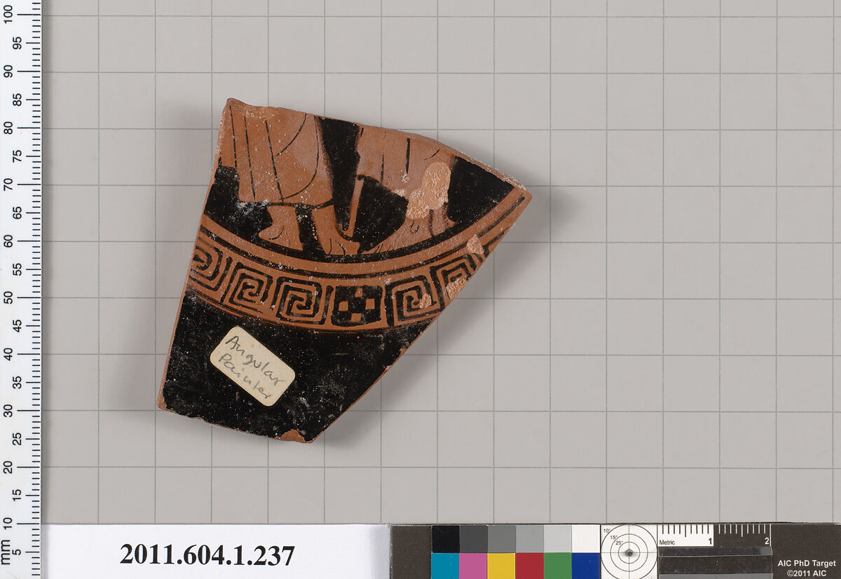 Terracotta fragment of a kylix (drinking cup), Attributed to the Angular Painter [DvB], Terracotta, Greek, Attic
