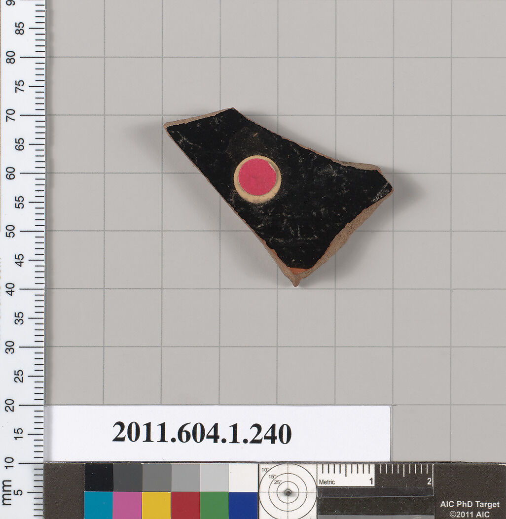Terracotta fragment of a kylix (drinking cup), Attributed to the Angular Painter [DvB], Terracotta, Greek, Attic