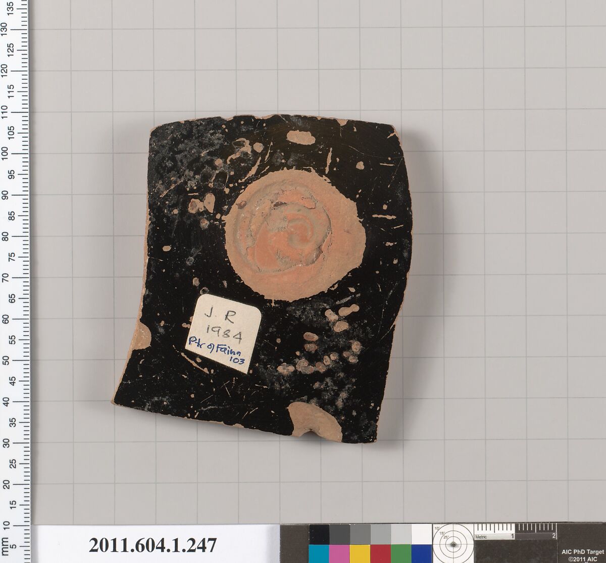 Terracotta fragment of a kylix (drinking cup), Attributed to Painter of Faina 103 [DvB], Terracotta, Greek, Attic