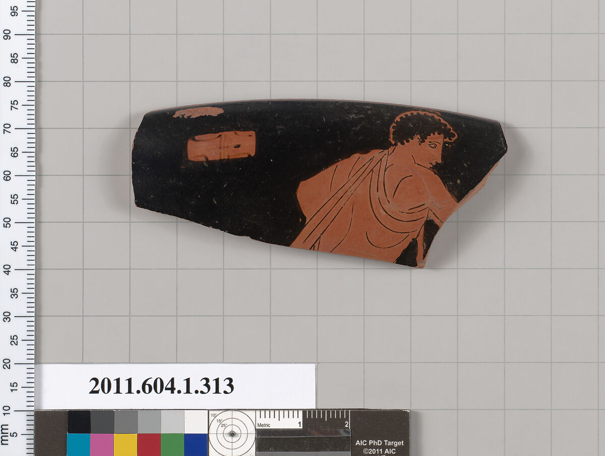 Terracotta rim fragment of a kylix (drinking cup), Attributed to the Manner of the Pistoxenos Painter [DvB], Terracotta, Greek, Attic 