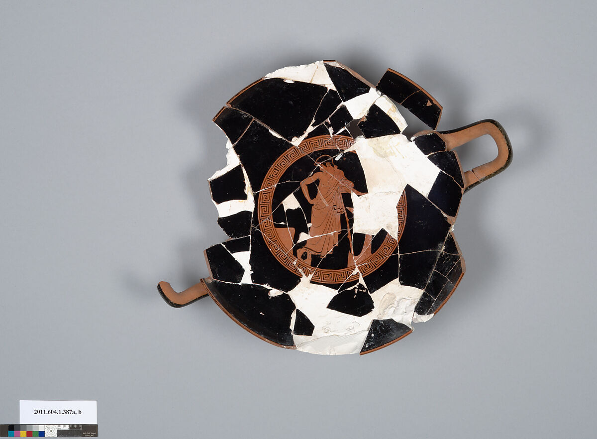 Terracotta fragment of a kylix (drinking cup), Attributed to the Painter of London E 80 [DvB], Terracotta, Greek, Attic 