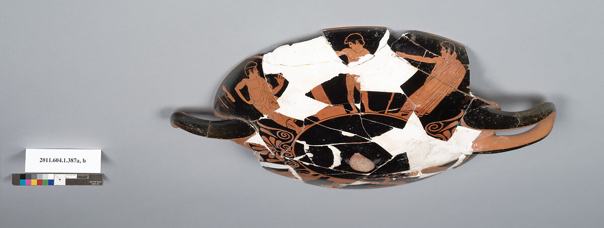Terracotta fragment of a kylix (drinking cup), Attributed to the Painter of London E 80 [DvB], Terracotta, Greek, Attic