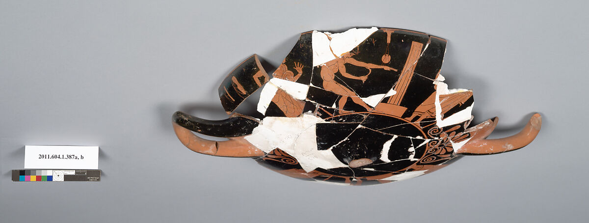 Terracotta fragment of a kylix (drinking cup), Attributed to the Painter of London E 80 [DvB], Terracotta, Greek, Attic