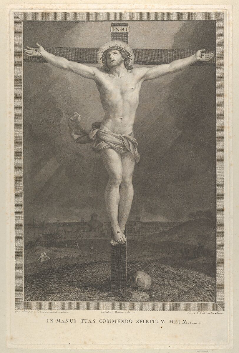 Christ crucified on the cross, a skull at the base, buildings in the background, after Reni, Engraved by Giovanni Volpato (Italian, Bassano 1732–1803 Rome), Engraving 