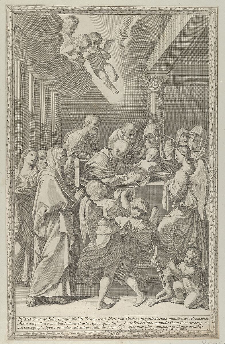 The circumcision of Christ, a group of men, women and angels surrounding him, the young Saint John the Baptist at lower right, after Reni, Engraved by Giacomo-Maria Giovannini (Italian, Bologna 1667–1717 Parma), Engraving 