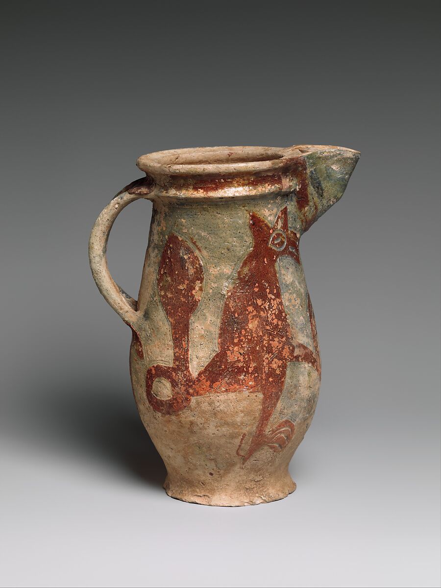 Barrel-Shaped Jug with a Fox and a Rooster, Glazed earthenware, French 