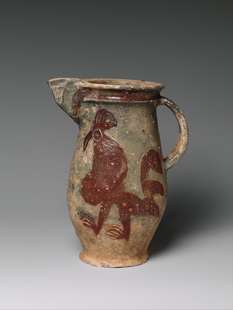 Barrel-Shaped Jug with a Fox and a Rooster, Glazed earthenware, French