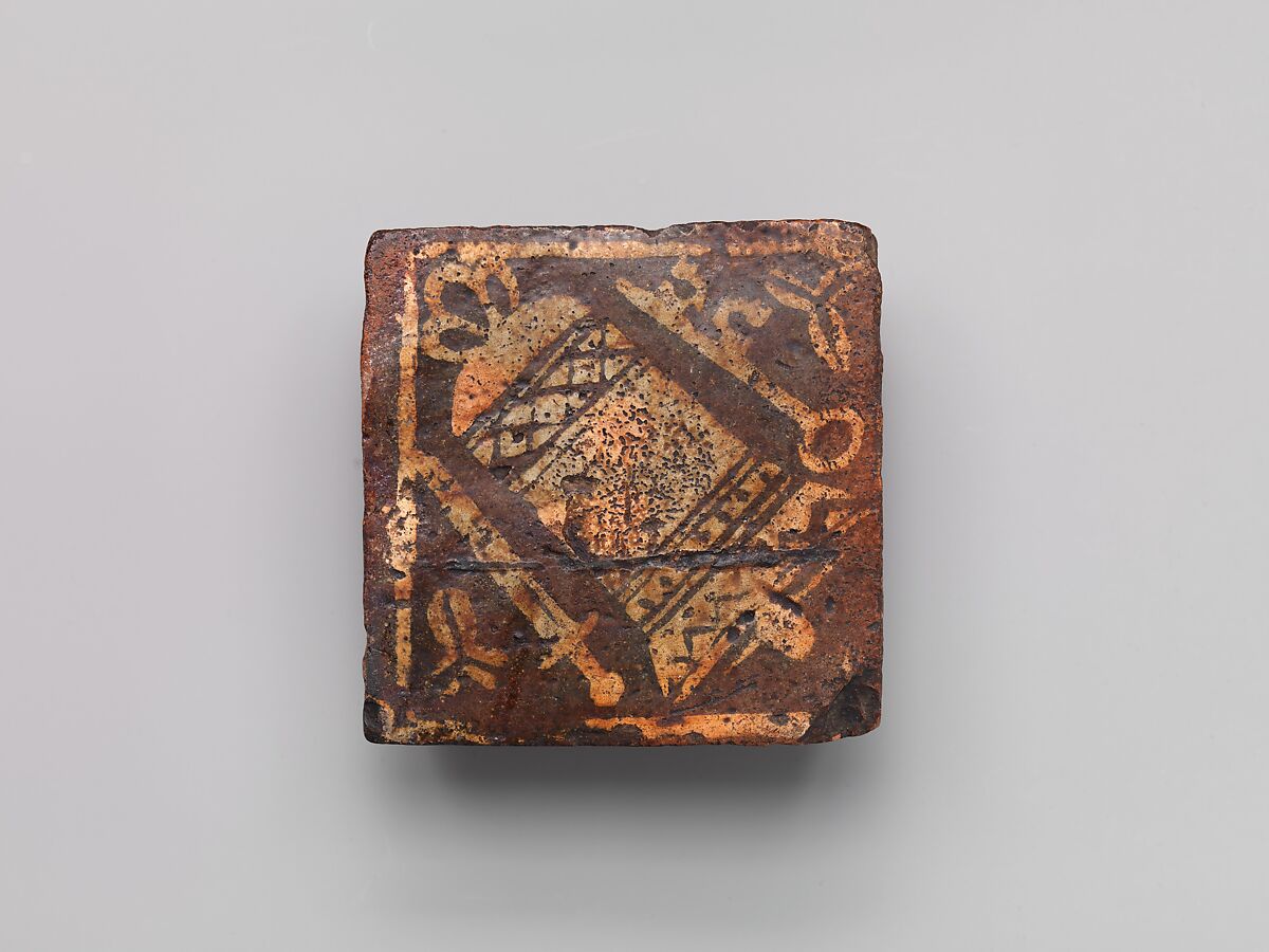 Tile with Bell between a Key and a Sword, Glazed earthenware, British 