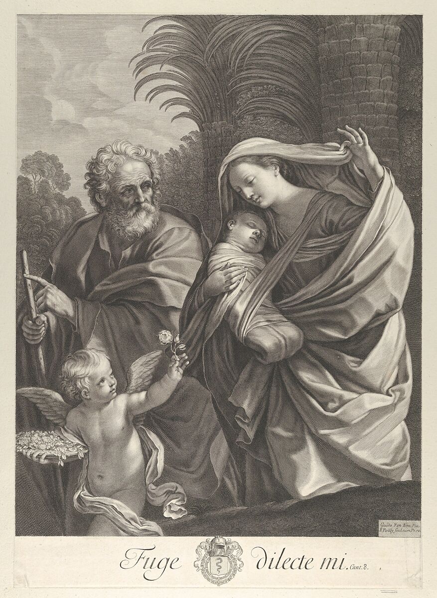 The Flight into Egypt; the Holy Family walking together, Saint Joseph pointing to the left and the Virgin carrying the infant Christ, an angel in front of her offering a flower, after Reni, Engraved by Francois de Poilly (French, Abbeville 1623–1693 Paris), Engraving 