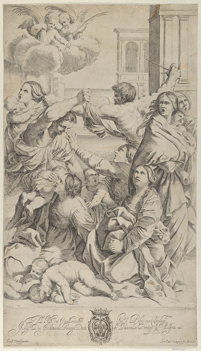 Massacre of the Innocents; group of women and children being attacked, two angels at upper left, after Reni, Engraved by Gian Battista Bolognini (Italian, Bologna 1611–1688 Bologna), Etching 