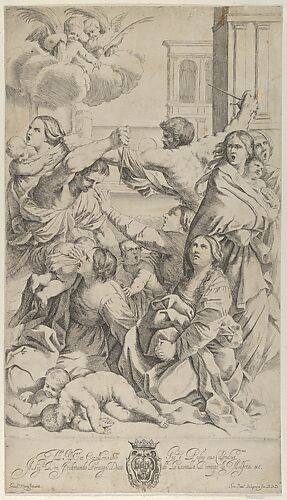 Massacre of the Innocents; group of women and children being attacked, two angels at upper left, after Reni