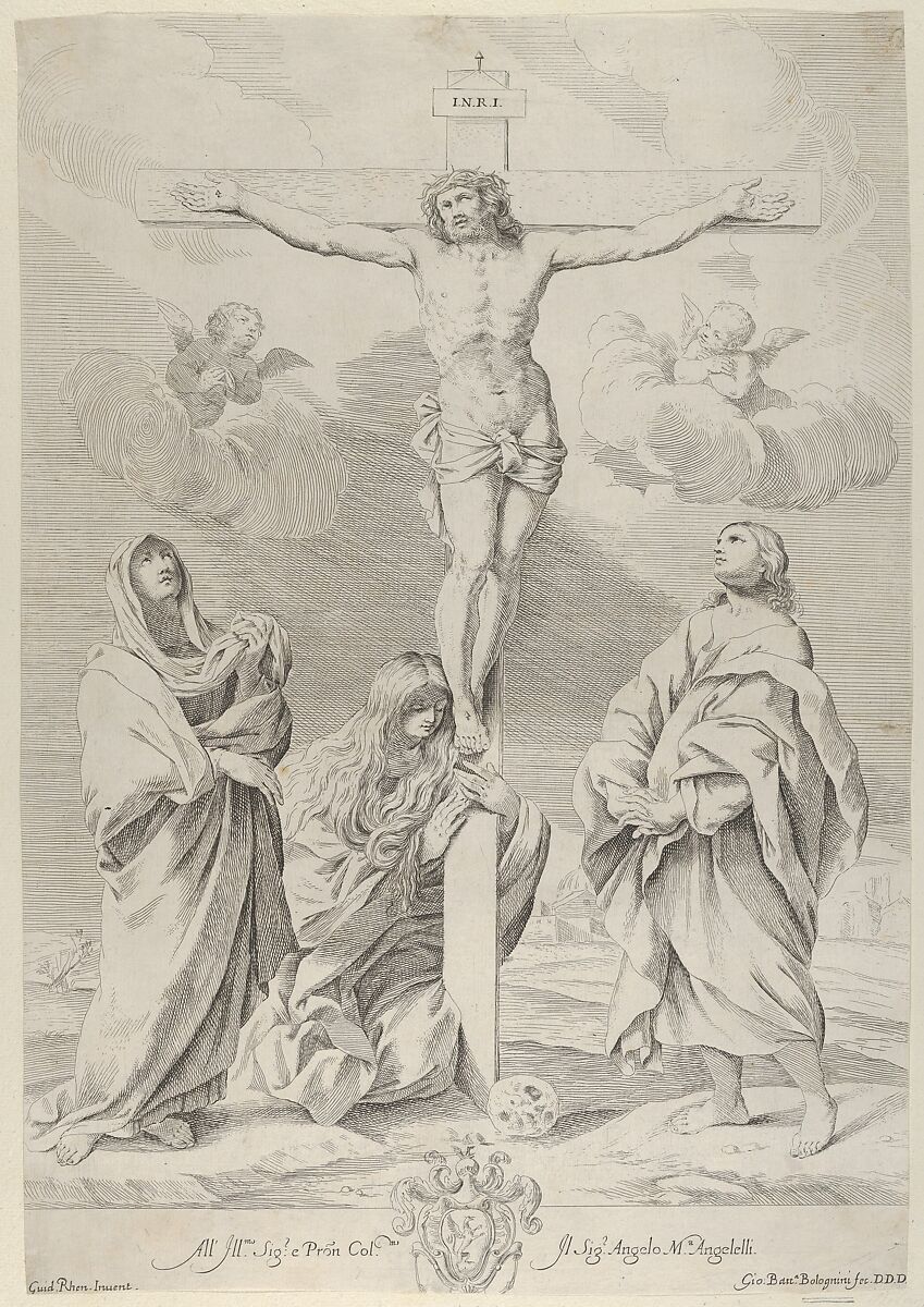 Christ on the cross, Saint John the Baptist at right, Mary Magdelene and the Virgin at left, after Reni, Engraved by Gian Battista Bolognini (Italian, Bologna 1611–1688 Bologna), Etching 