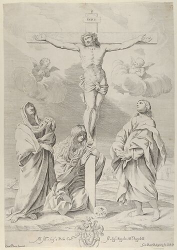 Christ on the cross, Saint John the Baptist at right, Mary Magdelene and the Virgin at left, after Reni